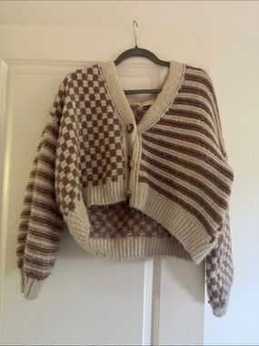Cozy Cream and Brown Cropped Cardigan Sweater